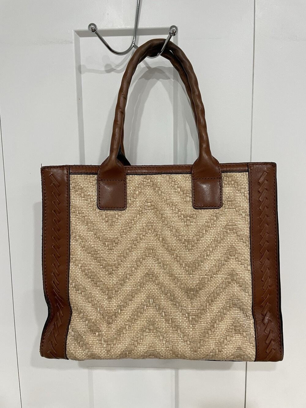 Patricia Nash Curry Tote Leather Woven Straw No Shoulder Strap